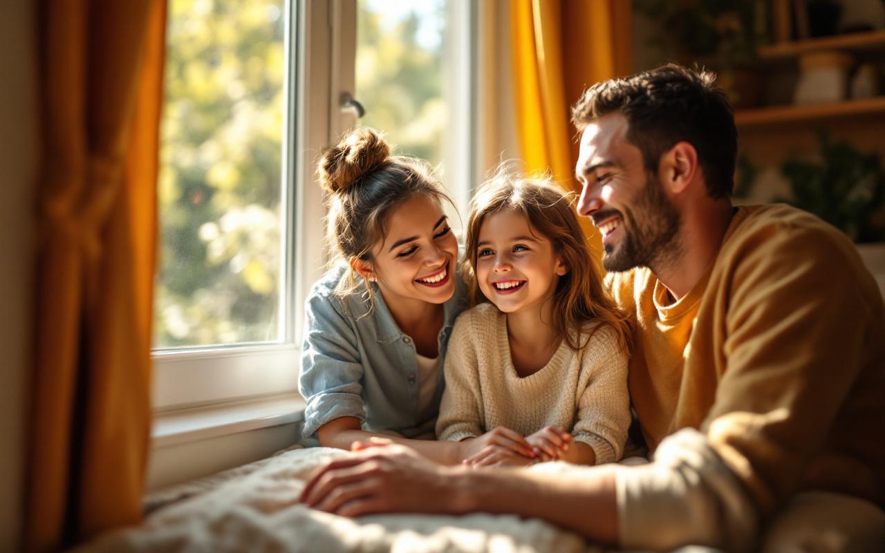 Une famille heureuse dans leur maison éco-énergétique, entourée de verdure, avec la lumière du soleil filtrant à travers les fenêtres et un ambiance chaleureuse.