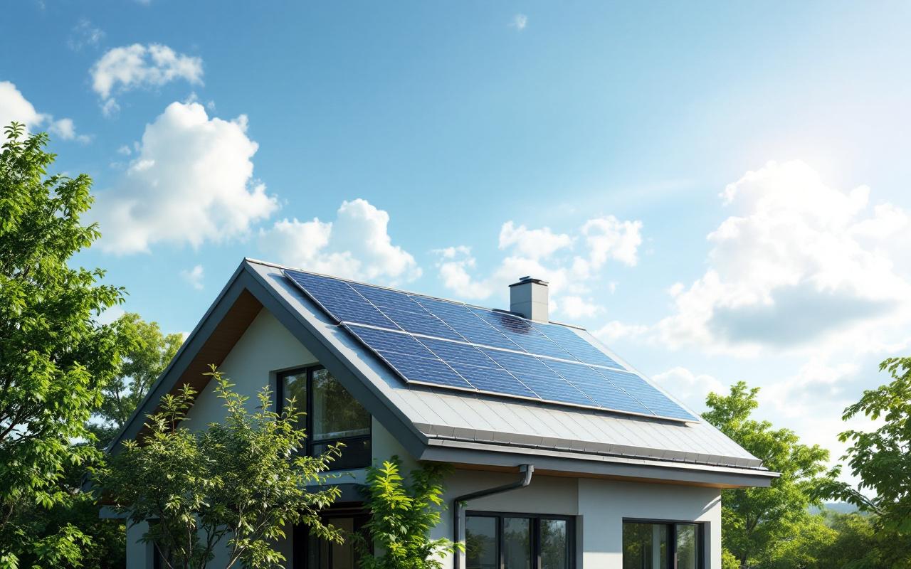 Image montrant des panneaux solaires installés sur le toit d'une maison, avec un ciel clair et des jardins verdoyants environnants.