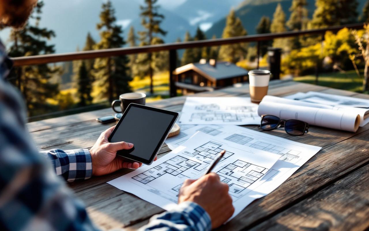 Investisseur examinant des annonces immobilières sur une tablette et des plans imprimés posés sur une table en bois, sur une terrasse offrant une vue sur des montagnes et des pins, lumière douce de fin d'après-midi, ambiance calme et professionnelle.