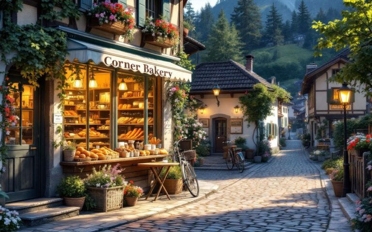 rue-dun-village-alpin-bordee-de-chalets-en-bois-une-boulangerie-dangle-avec-vitrine-remplie-de-pains-une-petite-terrasse-et-un-velo-appuye-a-la-porte-paves-sapins-et-montagnes-en-arriere-plan