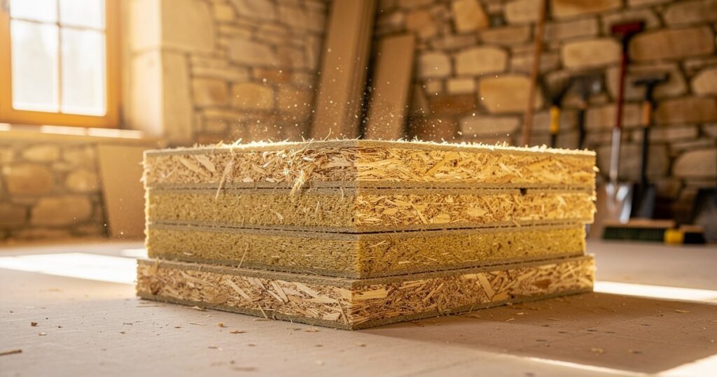 Panneaux de fibre de bois Homatherm dans un chantier de rénovation de maison en pierre