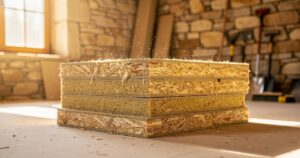 Panneaux de fibre de bois Homatherm dans un chantier de rénovation de maison en pierre