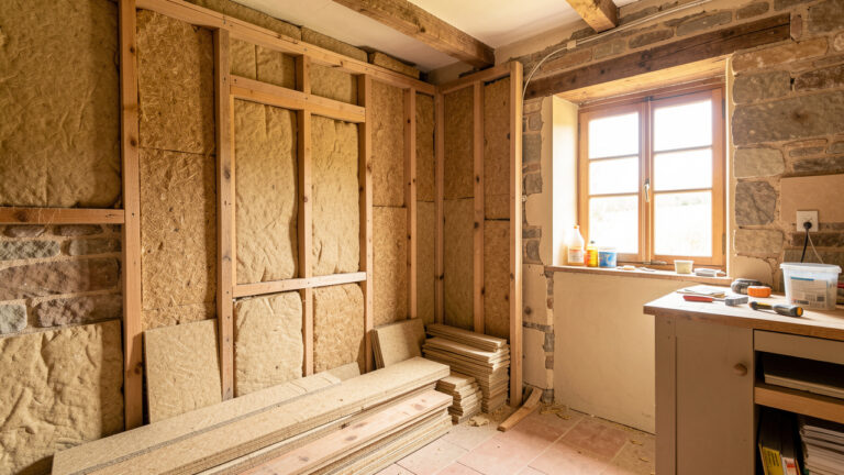 Murs intérieurs d’une maison ancienne en cours d’isolation avant l’aménagement d’une cuisine, avec pierres apparentes, ossature en bois et panneaux isolants naturels.