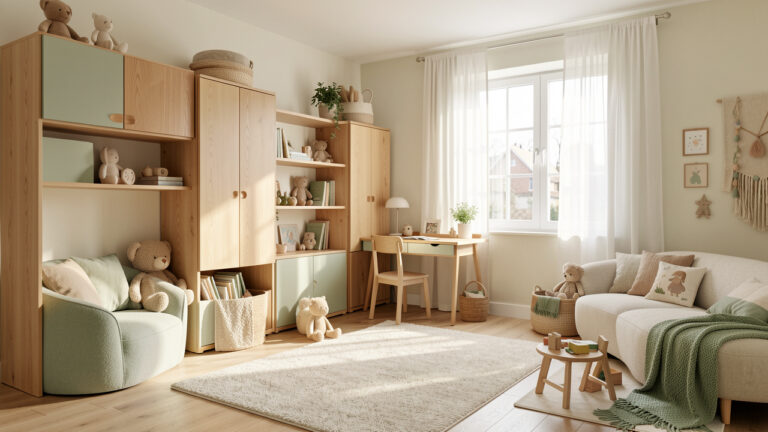 Chambre d’enfant lumineuse et évolutive avec rangements en bois, coin lecture, bureau compact et espace de jeu aménagé.