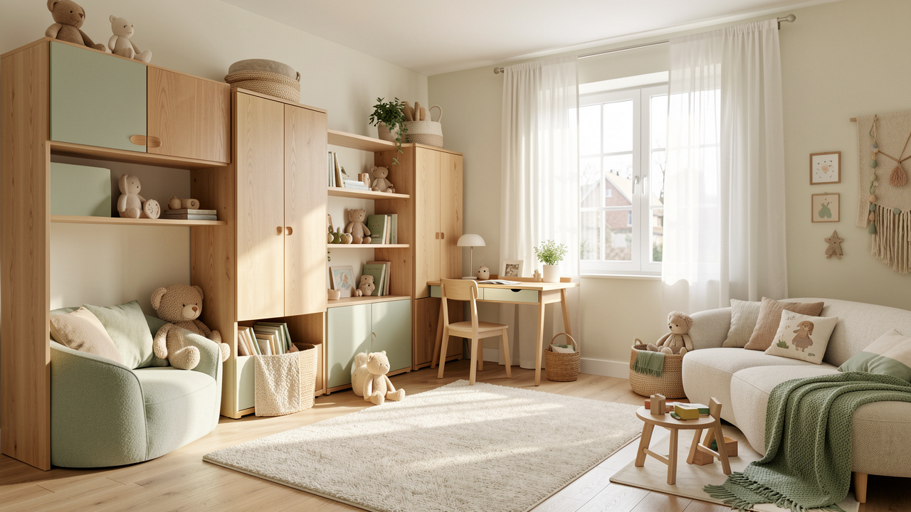 Chambre d’enfant lumineuse et évolutive avec rangements en bois, coin lecture, bureau compact et espace de jeu aménagé.