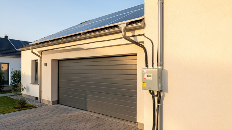 Garage résidentiel équipé de panneaux solaires sur le toit, reliés par une gaine électrique visible à un compteur fixé sur le mur extérieur.