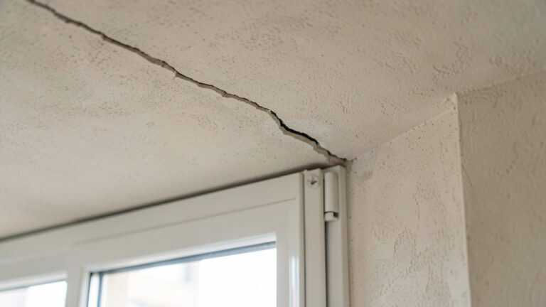 Fissure fine visible dans le mur au-dessus d’une fenêtre d’appartement, photographiée en lumière naturelle.