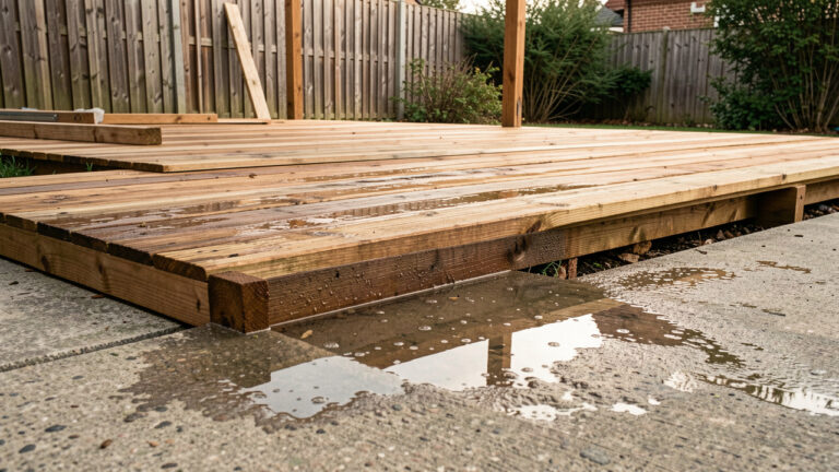 Terrasse en bois en cours d’installation sur une dalle en béton où de l’eau de pluie stagne à cause d’un drainage insuffisant.