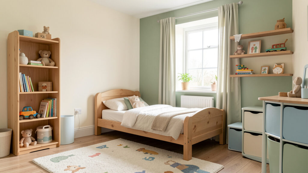 Chambre d’enfant lumineuse et organisée avec mobilier sécurisé, lit bas, rangements évolutifs et couleurs douces.