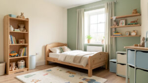 Chambre d’enfant lumineuse et organisée avec mobilier sécurisé, lit bas, rangements évolutifs et couleurs douces.