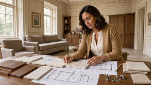 Une femme propriétaire consulte des plans d’architecture et des échantillons de matériaux nobles sur une grande table dans l’intérieur lumineux d’une maison ancienne rénovée.