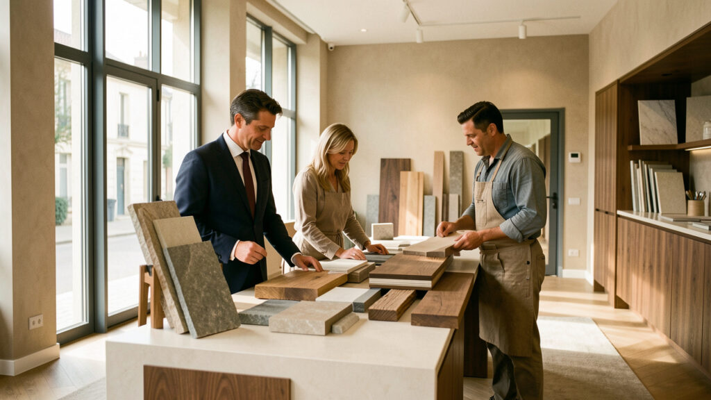 Un homme et une femme examinent des échantillons de pierre, de bois et de menuiseries avec deux artisans dans un élégant salon de rénovation haut de gamme à Pithiviers, baigné de lumière naturelle.